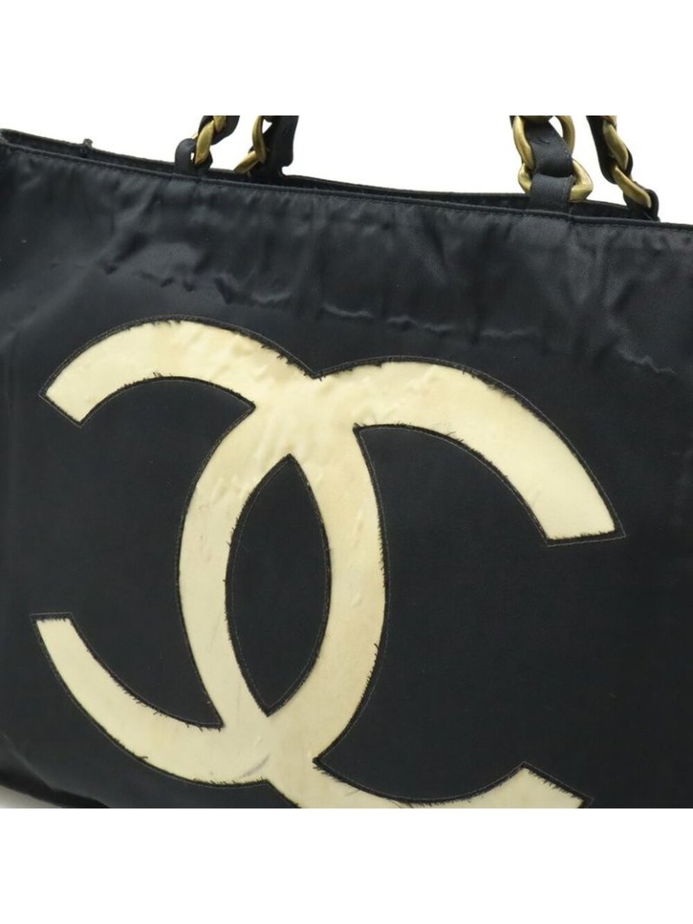 Chanel Chain Shoulder Big Tote Bag Nylon Black White Gold Hardware - Picture 6 of 9